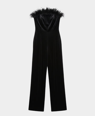 Velvet Strapless Jumpsuit w/ Feather Trim image 2