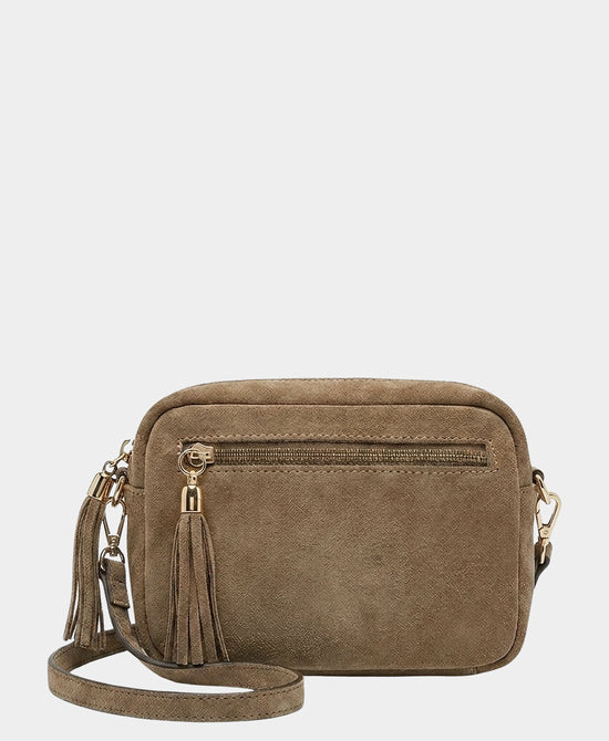 
Suede Crossbody Bag w/ Tassels in TAUPE view 1