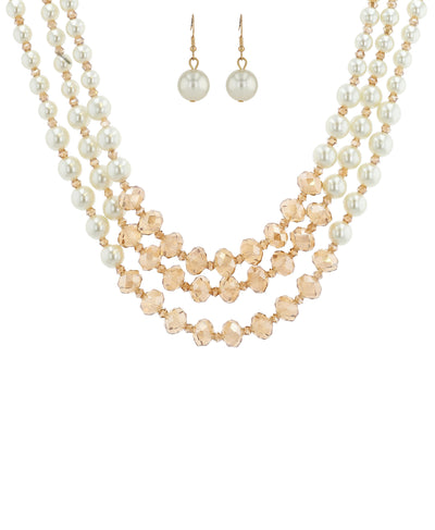 Two-Toned Multi Strand Faux Pearl Collar Necklace & Earring Set image 1