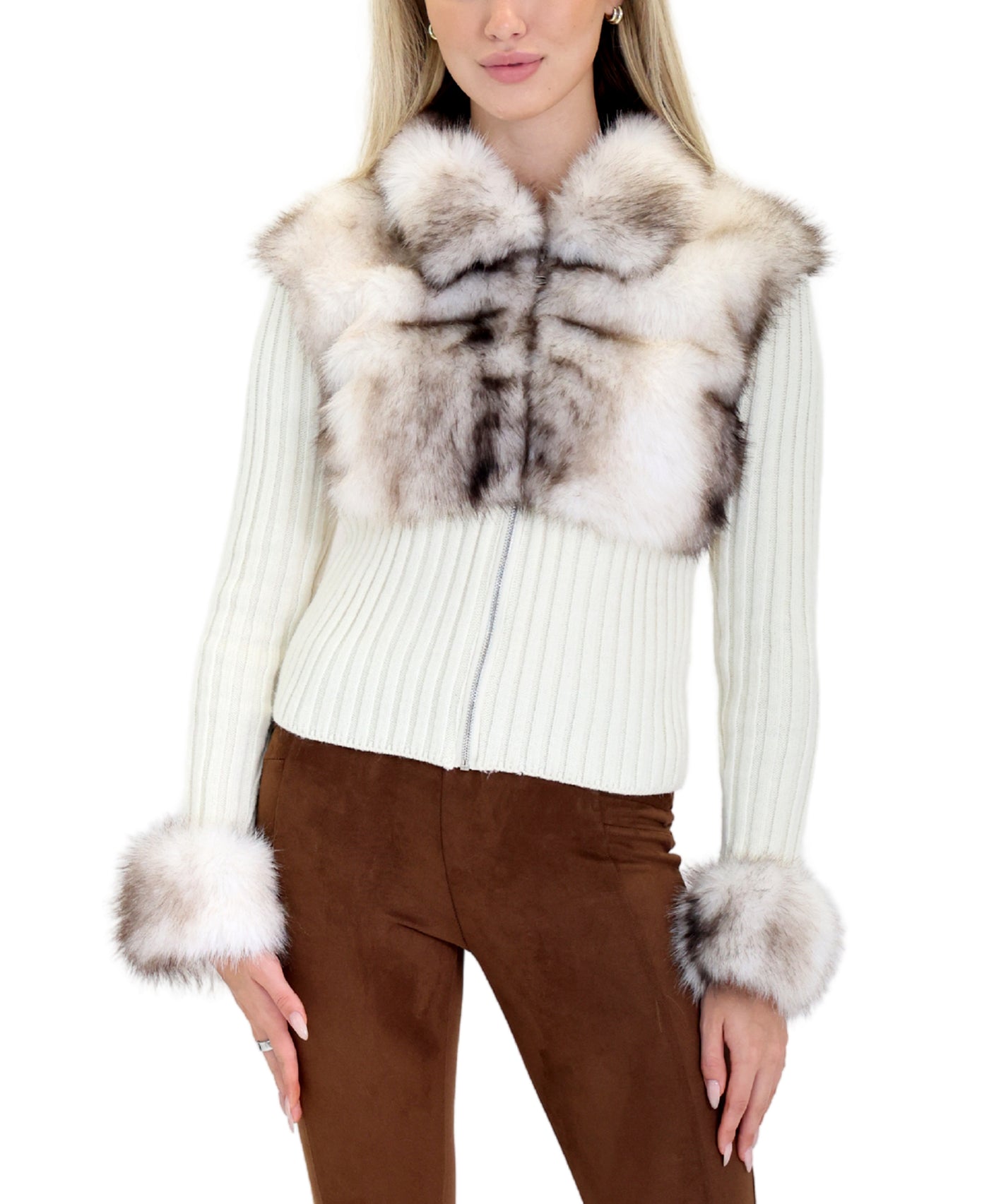 Knit Ribbed Sweater Jacket w/ Faux Fur view 1