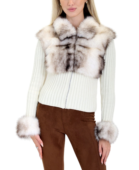 Knit Ribbed Sweater Jacket w/ Faux Fur view 