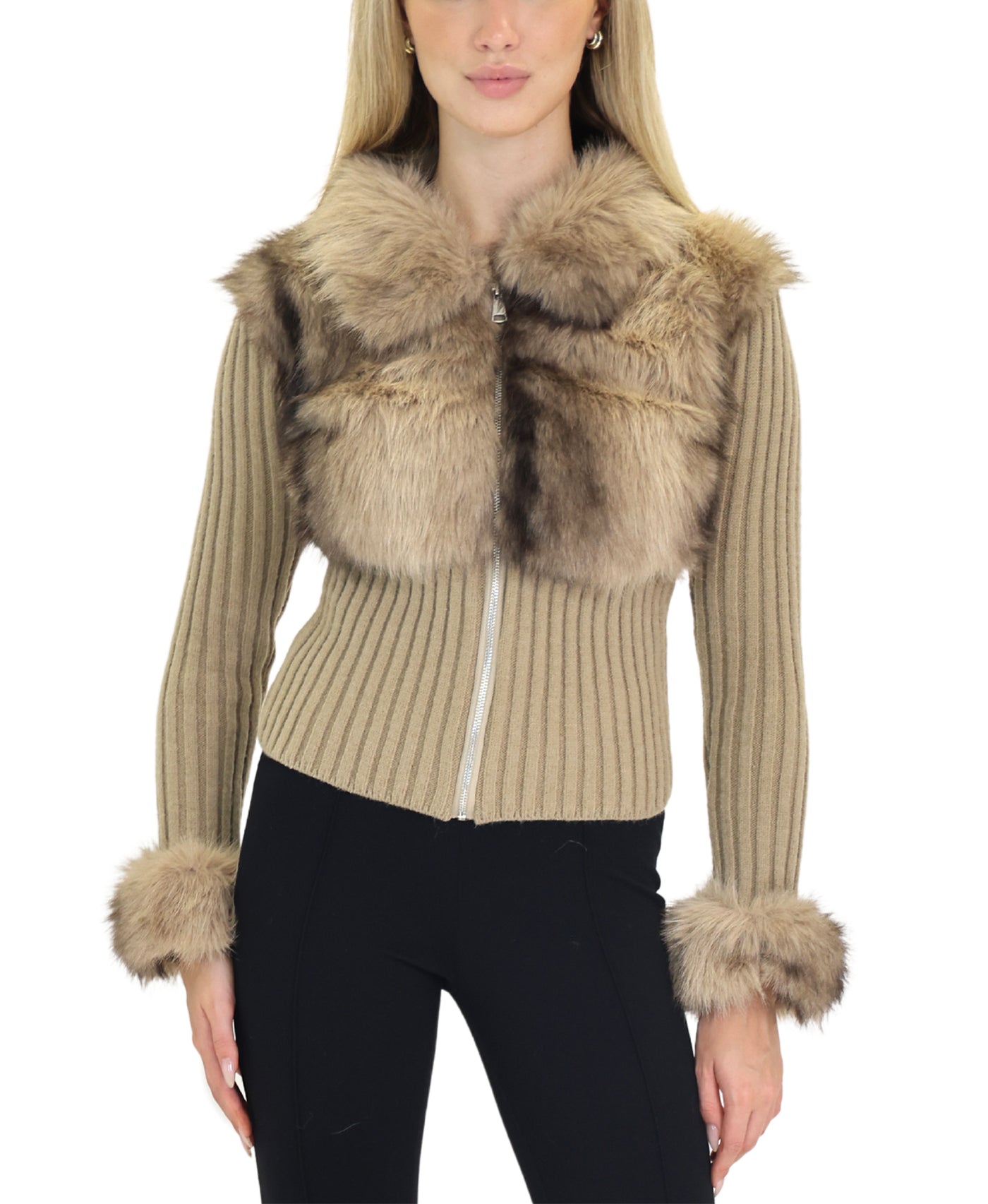 Knit Ribbed Sweater Jacket w/ Faux Fur view 1