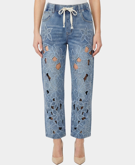 Floral Cut-Out Jeans w/ Crystals view 1