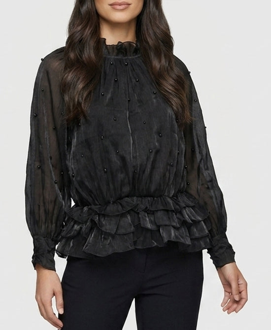 
Shimmer Blouse w/ Pearl & Ruffle Detail in BLACK view 1