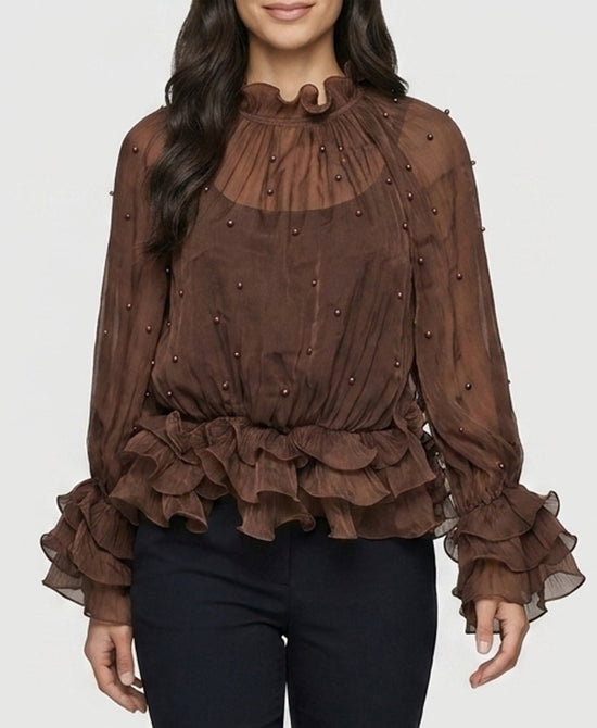 
Shimmer Blouse w/ Pearl & Ruffle Detail in BROWN view 1