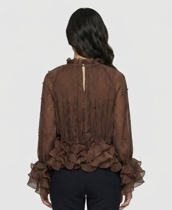 
Shimmer Blouse w/ Pearl & Ruffle Detail in BROWN view 2