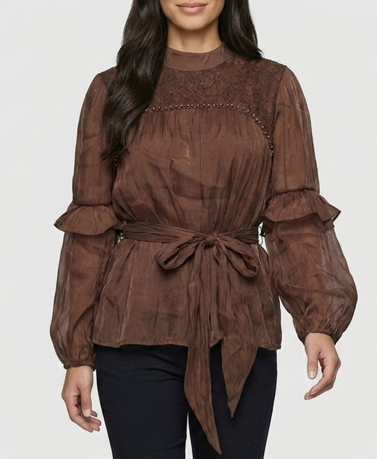 
Shimmer Blouse w/ Lace & Pearl Trim in BROWN view 1