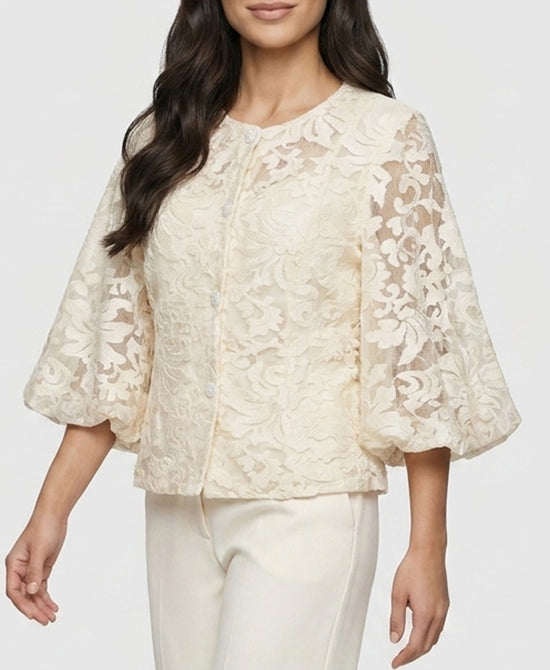 
Sheer Jacquard Blouse w/ Puff Sleeves in IVORY view 1