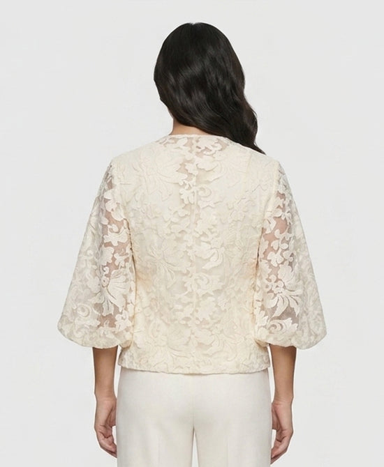 
Sheer Jacquard Blouse w/ Puff Sleeves in IVORY view 2