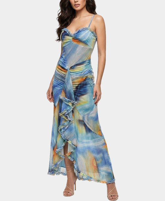 
Mesh Print Ruffle Maxi Dress in BLUE MULTI view 1