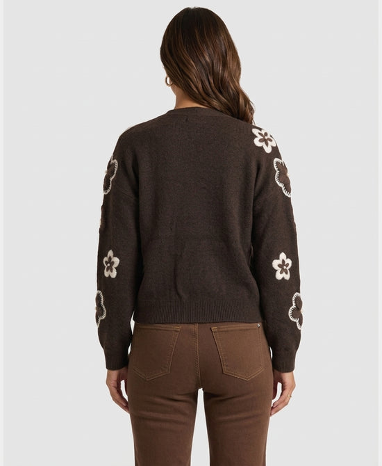 
Floral Embroidered Cardigan Sweater w/ Pearls in BROWN view 2