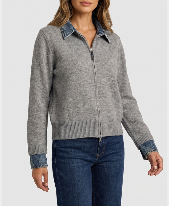 
Sweater w/ Denim Trim in GREY view 1