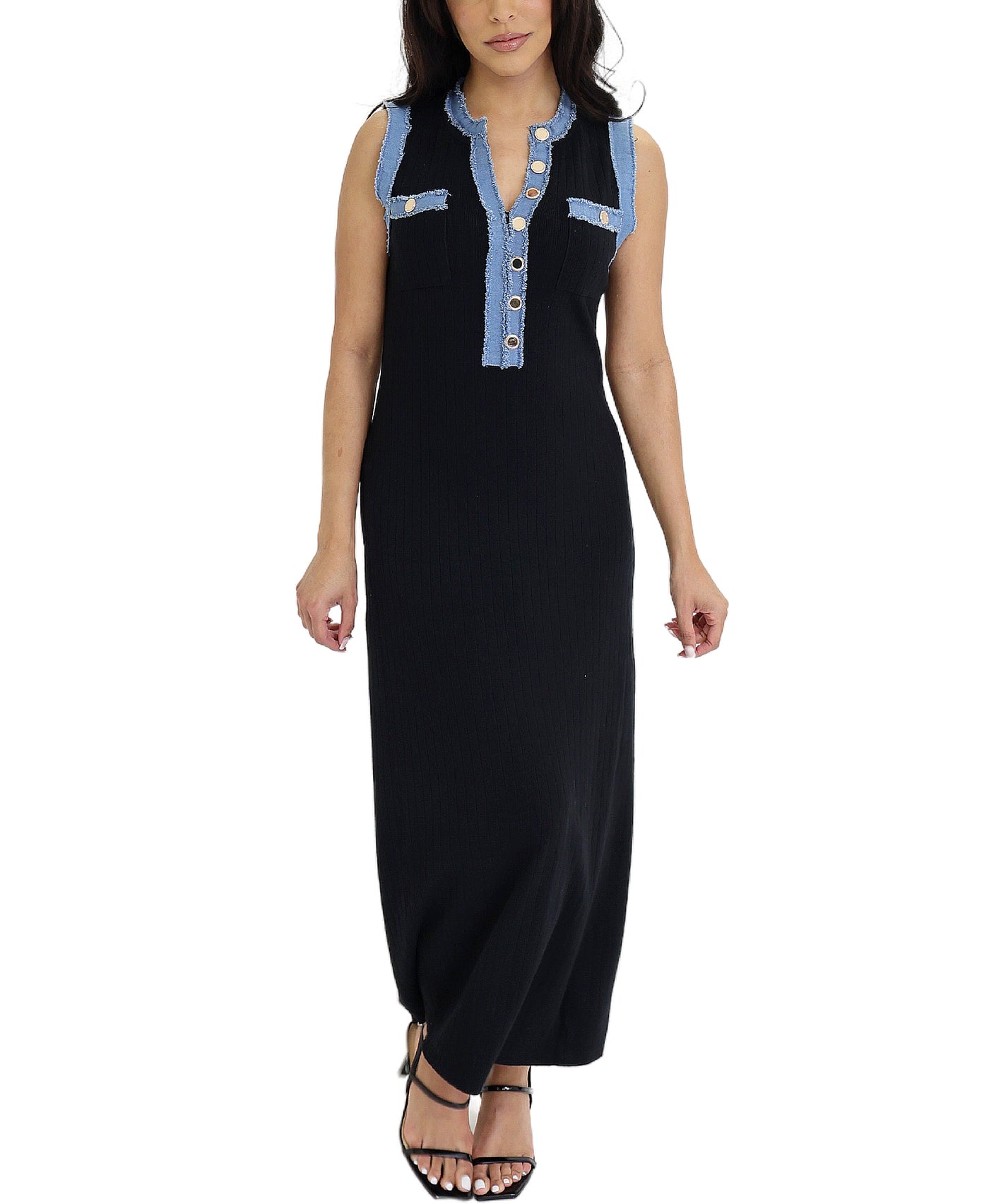 Maxi Dress w/ Frayed Denim Trim view 1