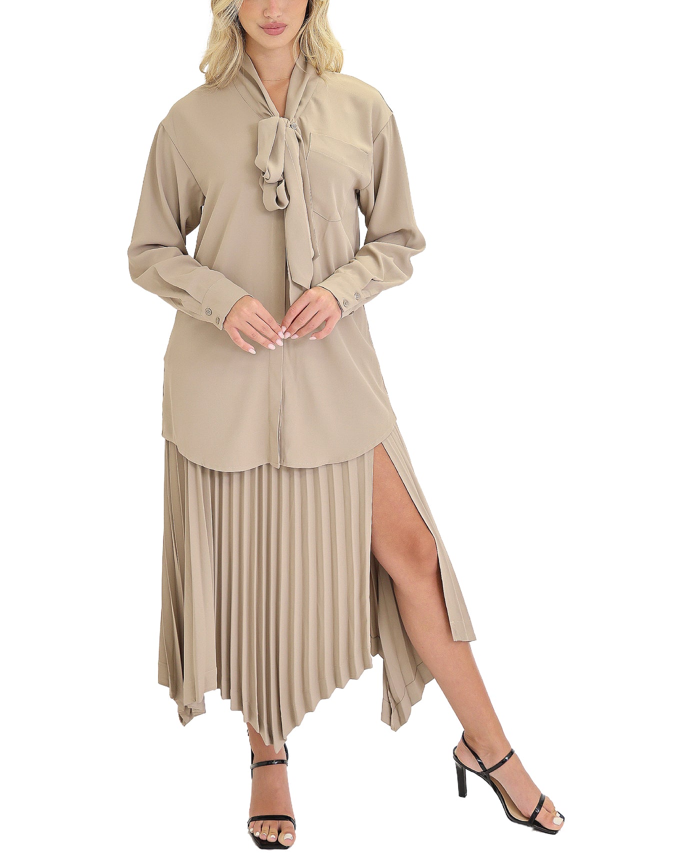 Button Front Blouse & Pleated Slit Skirt Set- 2 Pc Set view 1