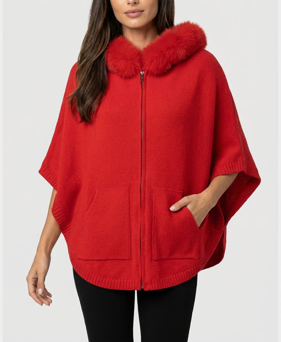 
Knit Poncho w/ Fox Fur Trim & Hood in RED view 1