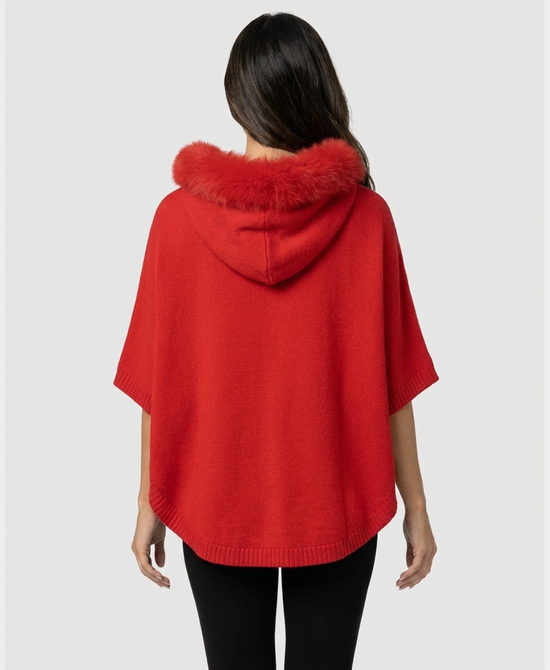 
Knit Poncho w/ Fox Fur Trim & Hood in RED view 2