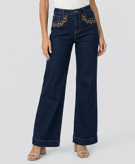 
Embroidered Wide Leg Jeans in DARK WASH view 1