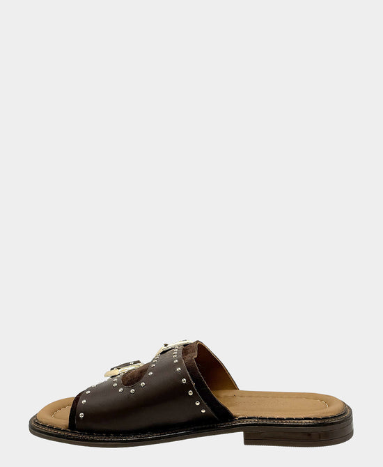 
Leather Suede Buckle Studded Sandal in BROWN view 2