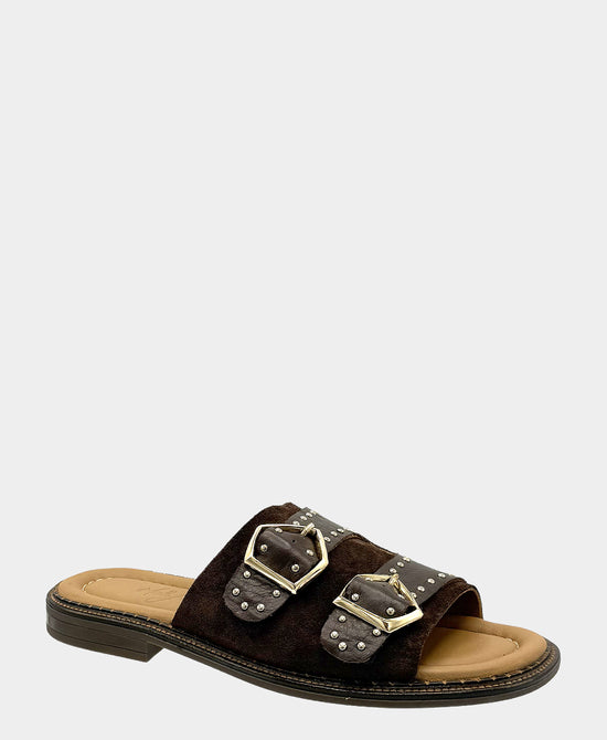 
Leather Suede Buckle Studded Sandal in BROWN view 1