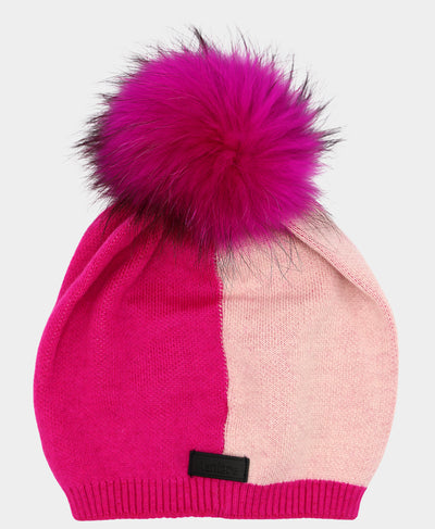 Colorblock Wool Knit Hat w/ Fur Pom image 2