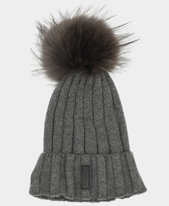 Ribbed Wool Knit Hat w/ Fur Pom view 
