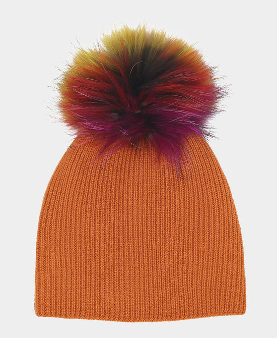Ribbed Wool Knit Hat w/ Fur Pom view 