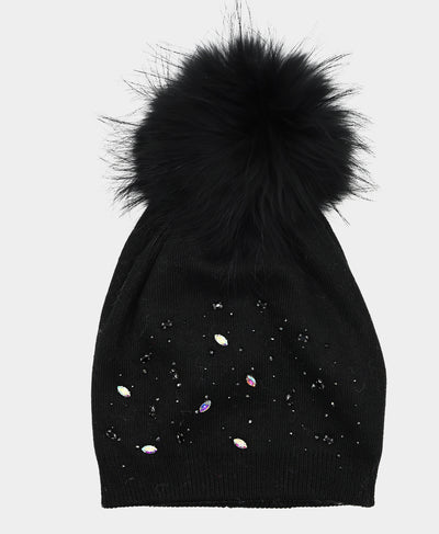 Jeweled Wool Knit Hat w/ Fur Pom image 1