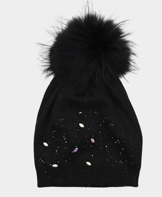 Jeweled Wool Knit Hat w/ Fur Pom view 