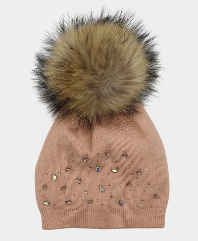 Jeweled Wool Knit Hat w/ Fur Pom image 1
