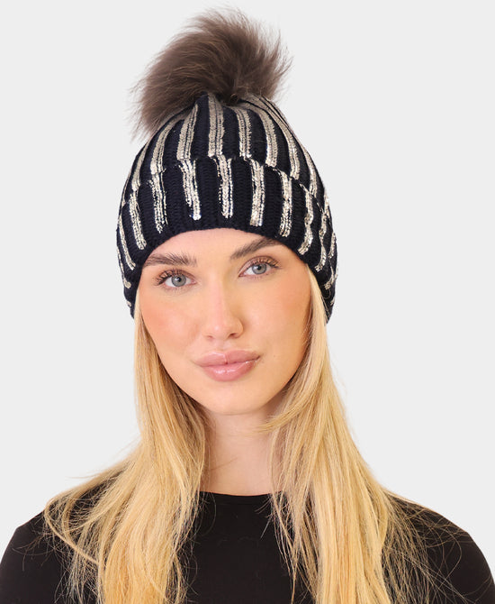 Foiled Knit Hat w/ Fur Pom view 