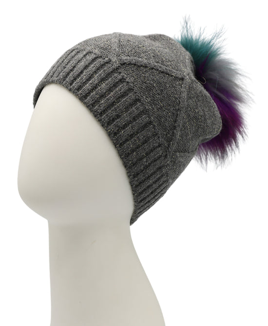 Wool Shimmer Knit Hat w/ Fur Pom view 