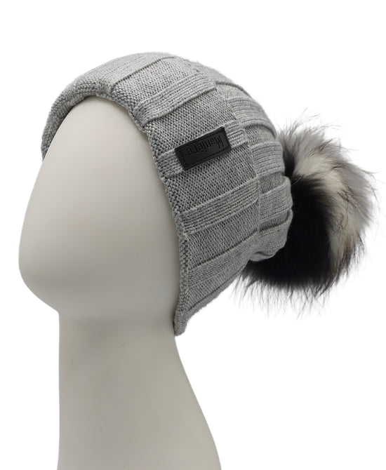 Wool Ribbed Knit Hat w/ Fur Pom view 