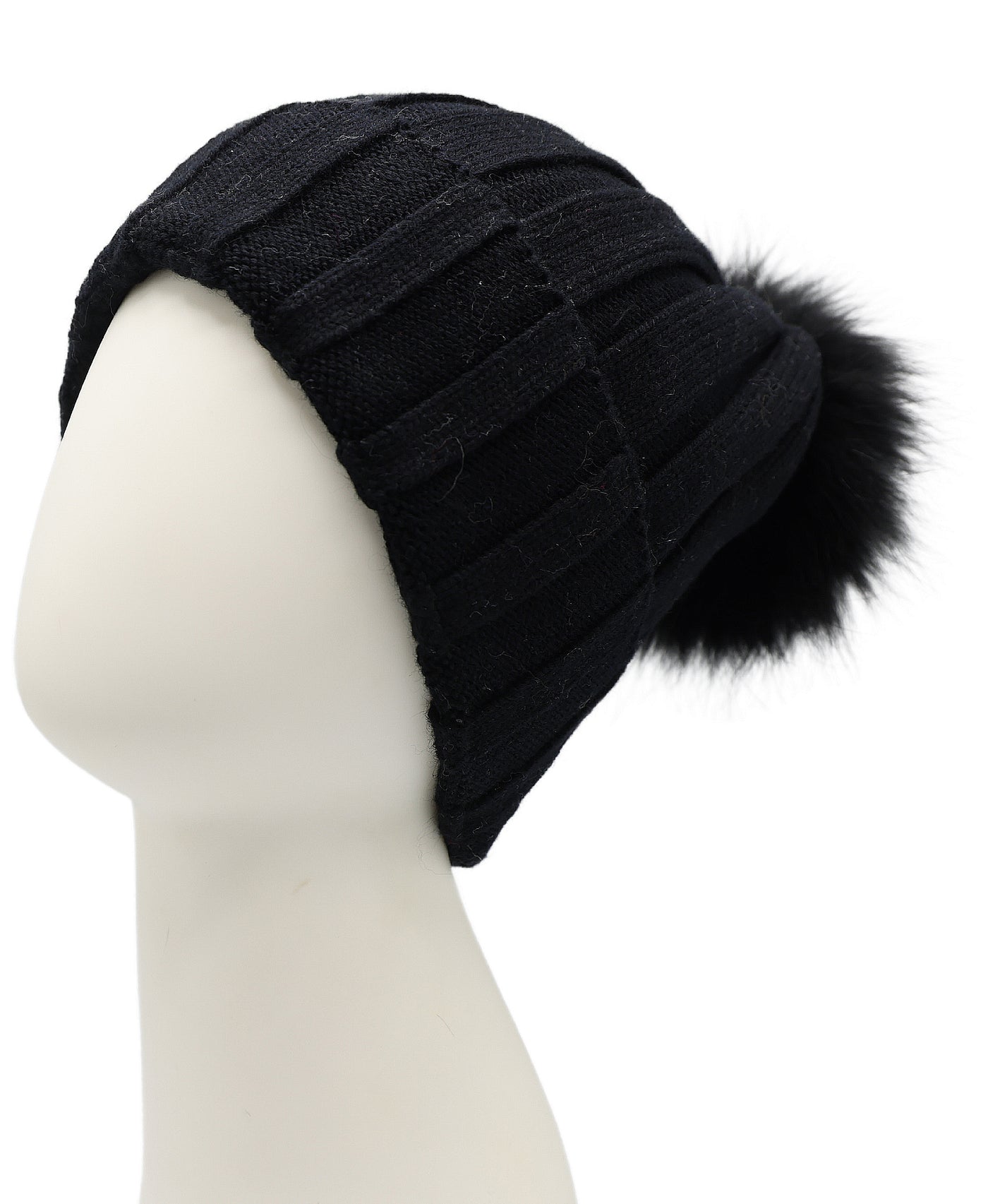 Wool Ribbed Knit Hat w/ Fur Pom view 1