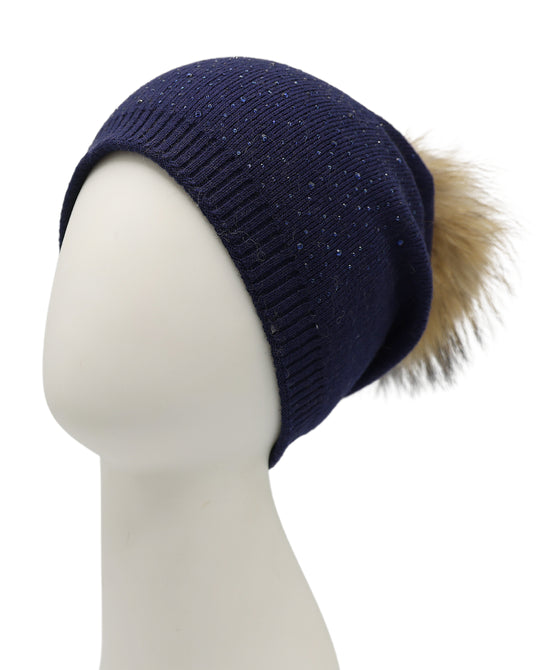 Wool Knit & Crystal Slouch Hat w/ Fur Pom view 