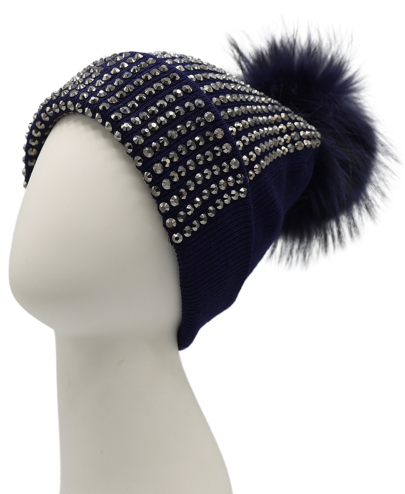 Knit & Crystal Hat w/ Fur Pom view 1