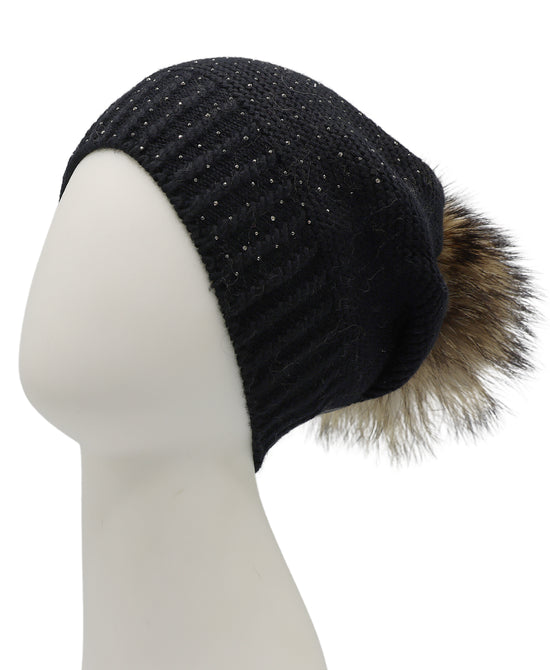 Wool Knit & Crystal Slouch Hat w/ Fur Pom view 