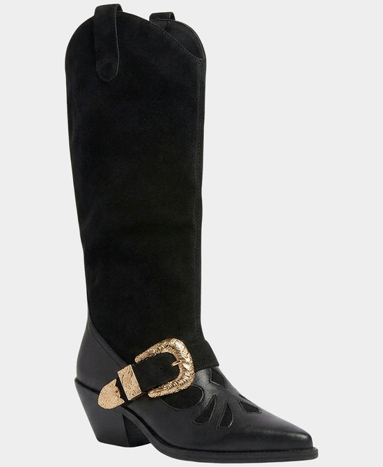 
Leather & Suede Buckle Heeled Boot in BLACK view 1