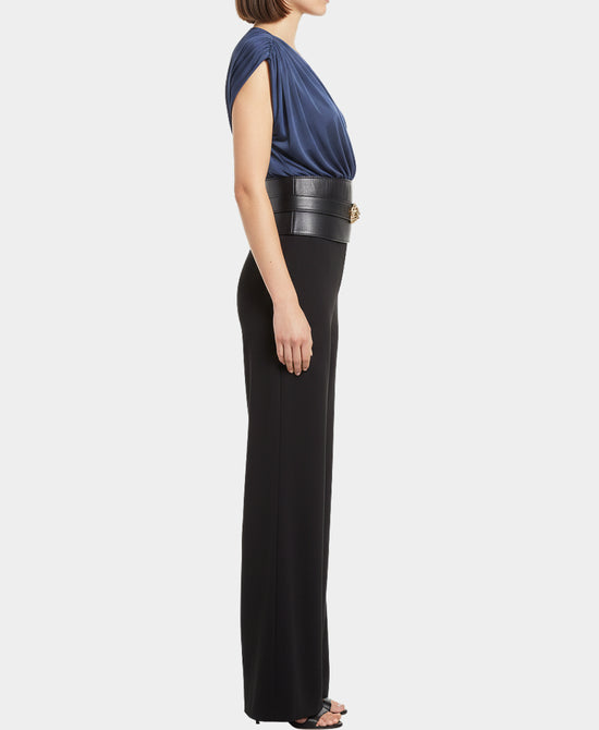 Ruched Jumpsuit w/ Faux Leather Waistband view 