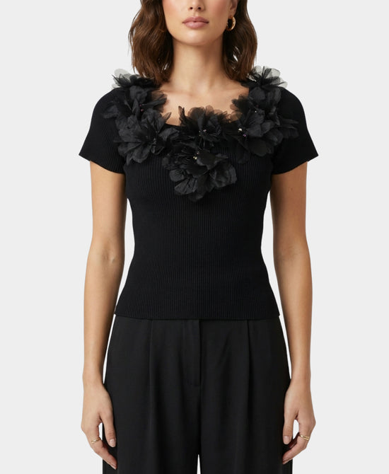 Ribbed Knit Top w/ Flowers & Rhinestones view 1