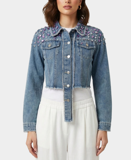 Cropped Denim Jacket w/ Jewels & Payettes view 1