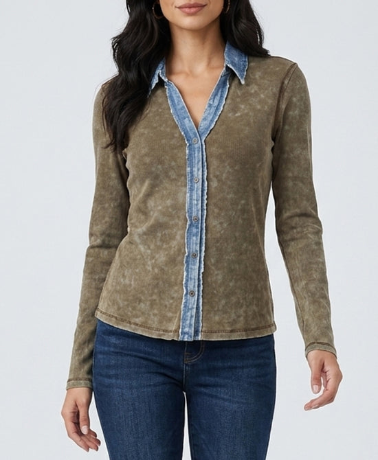 
Mineral Wash Top w/ Denim Trim in WASHED TAUPE view 1