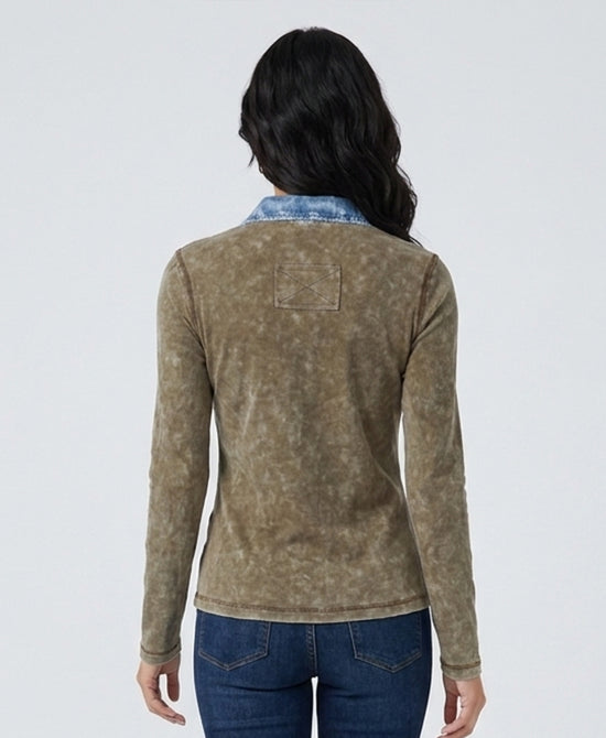 
Mineral Wash Top w/ Denim Trim in WASHED TAUPE view 2