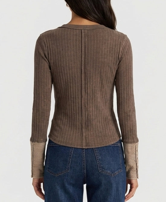 
Knit Top w/ Stripe Cuff Detail in BROWN MULTI view 2