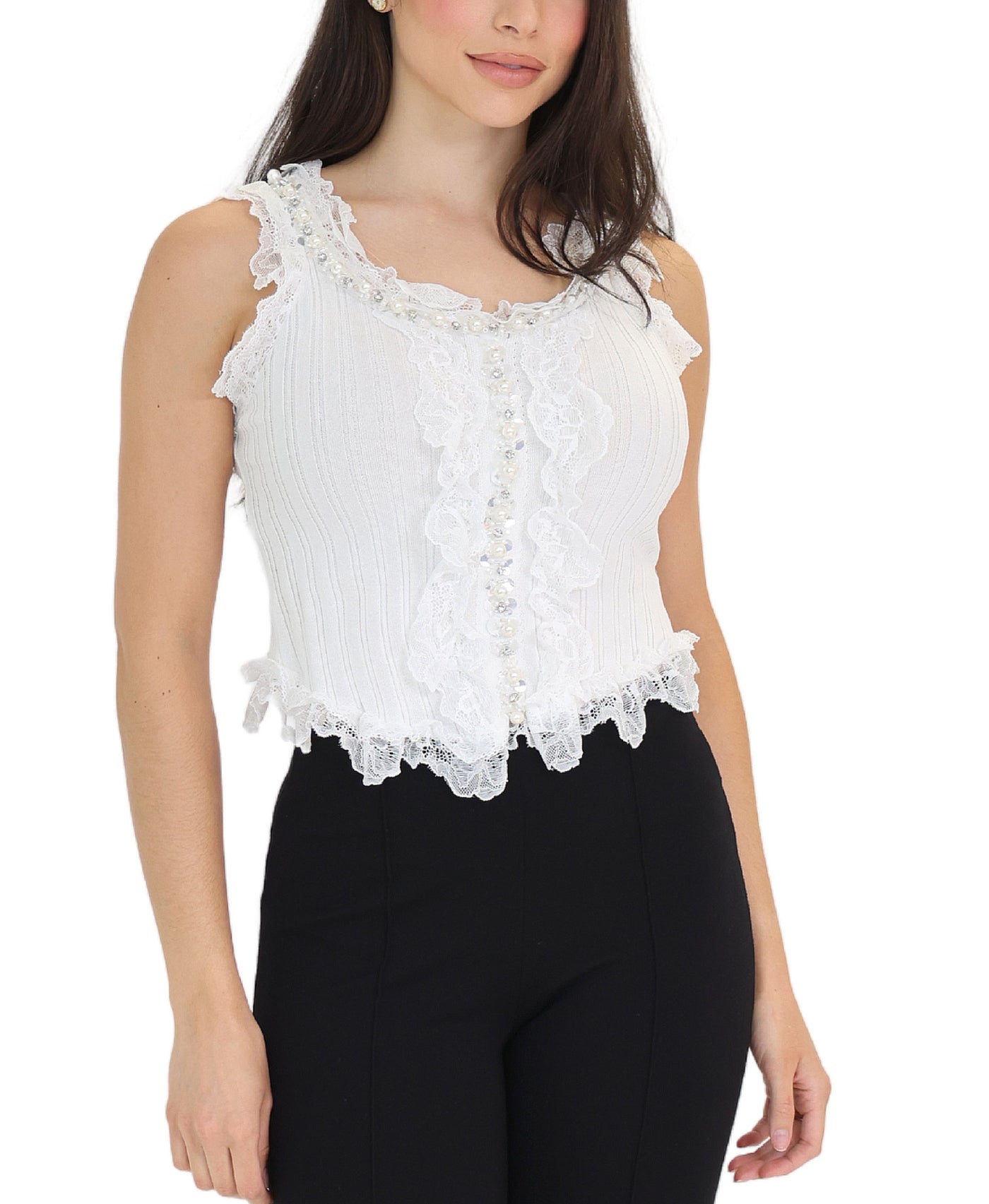 Ribbed Top w/ Lace Trim view 1