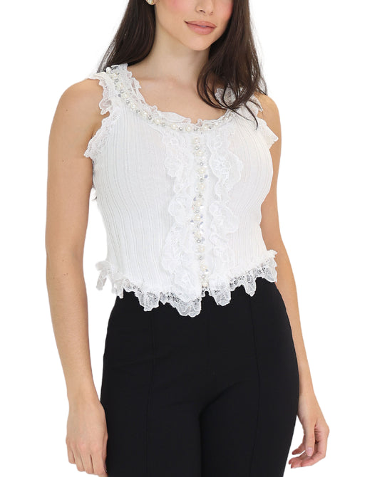 Ribbed Top w/ Lace Trim view 
