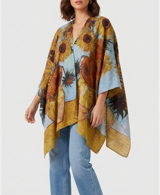 
Art Inspired Ruana w/ Fringe in MUSTARD/BLUE view 1