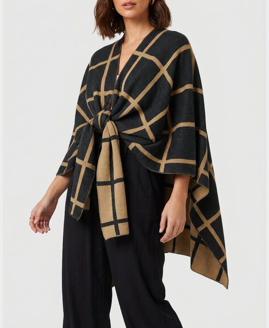 
Window Pane Reversible Cape in BLACK/CAMEL view 1