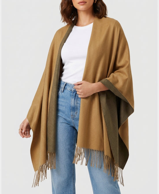 
Reversible Shawl w/ Fringe in TAN view 1