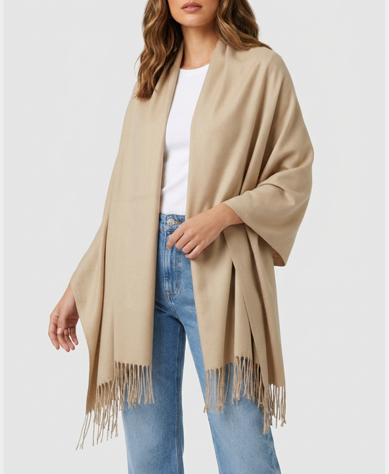 
Reversible Shawl w/ Fringe in TAN view 1