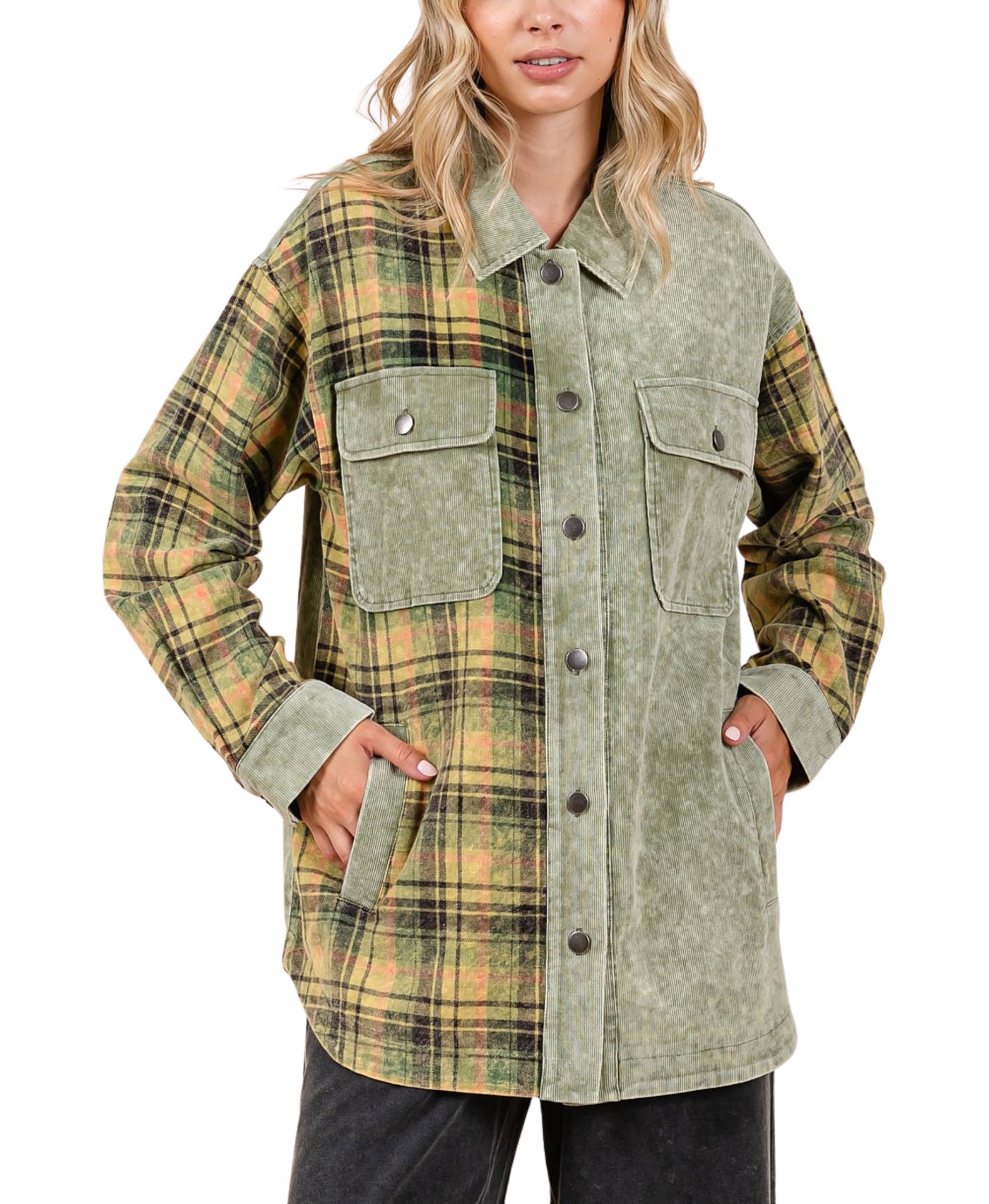 Mineral Wash Corduroy & Plaid Shacket view 1